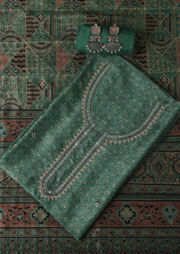 Pine Green Tussar Tribal Geometric Printed Unstitched Dress Material
