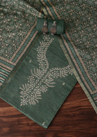 Pine Green Zari Work Tussar Top With Kalamkari Printed Dupatta Unstitched Dress Material