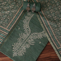 Pine Green Zari Work Tussar Top With Kalamkari Printed Dupatta Unstitched Dress Material