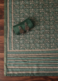 Pine Green Zari Work Tussar Top With Kalamkari Printed Dupatta Unstitched Dress Material