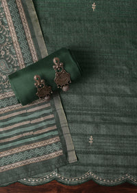 Pine Green Zari Work Tussar Top With Kalamkari Printed Dupatta Unstitched Dress Material
