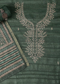 Pine Green Zari Work Tussar Top With Kalamkari Printed Dupatta Unstitched Dress Material
