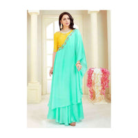 Pineapple Yellow Blouse In Cotton Silk With Mint Green Crepe Skirt With Prestitched Dupatta Online - Kalki Fashion