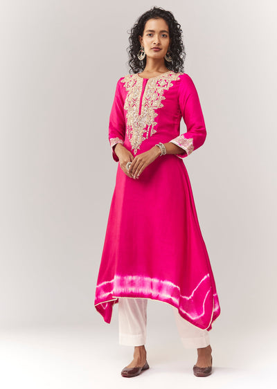 Pink A line Kurta Coord With Zari Thread Work And Leheriya Border