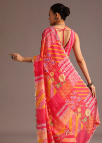Pink Abstract Printed Muslin Saree