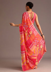 Pink Abstract Printed Muslin Saree