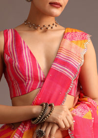 Pink Abstract Printed Muslin Saree