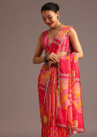 Pink Abstract Printed Muslin Saree