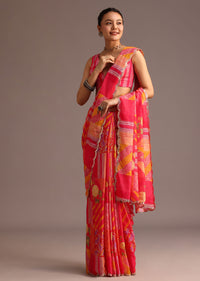 Pink Abstract Printed Muslin Saree