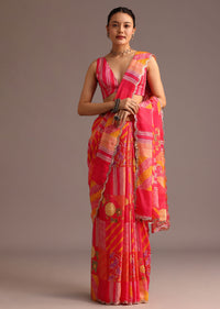 Pink Abstract Printed Muslin Saree
