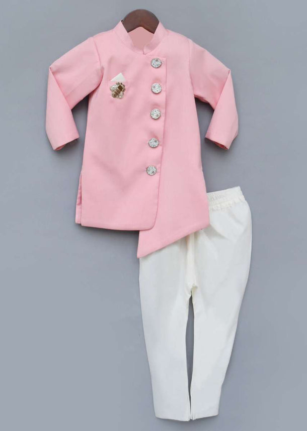 Kalki Boys Pink Ajkan And White Pants Set With Asymmetric Hem And Embroidered Patchwork In Bee Motif By Fayon Kids