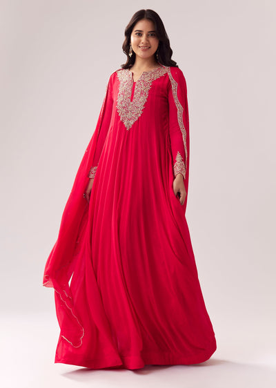 Pink Anarkali With Cutdana Work On Yoke And Sleeves