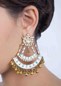 Pink and blue shaded double layer chandbali earring with ghungru drops only on Kalki