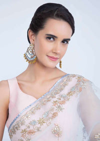 Pink and blue shaded double layer chandbali earring with ghungru drops only on Kalki