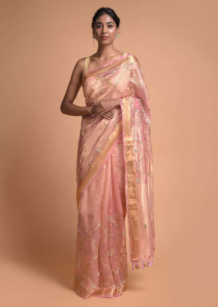 Pink And Gold Banarasi Saree In Silk With Gotta Patch Embroidery Online - Kalki Fashion