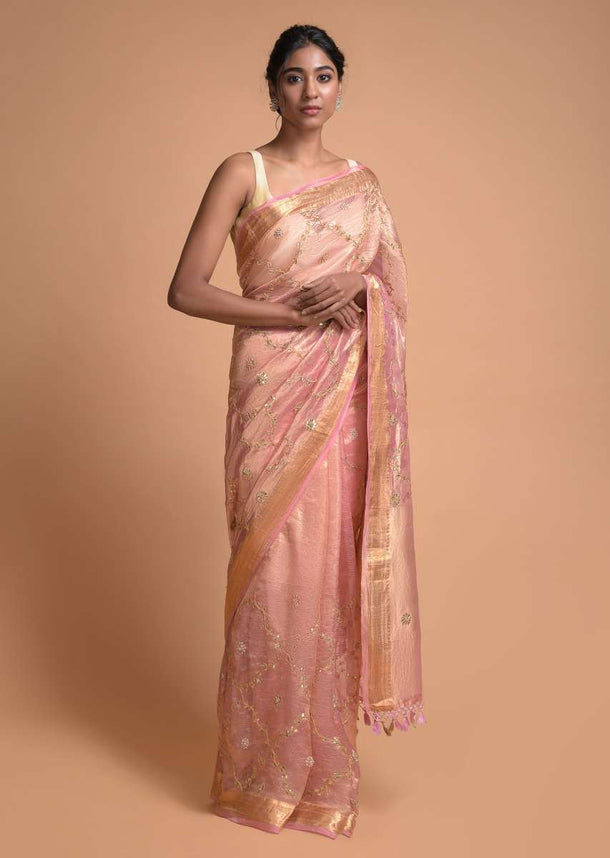 Pink And Gold Banarasi Saree In Silk With Gotta Patch Embroidery Online - Kalki Fashion