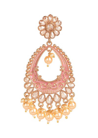 Pink And Gold Danglers With Floral Stud Embellished With Crystals And Pearls Online - Kalki Fashion