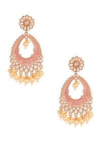 Pink And Gold Danglers With Floral Stud Embellished With Crystals And Pearls Online - Kalki Fashion