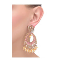 Pink And Gold Danglers With Floral Stud Embellished With Crystals And Pearls Online - Kalki Fashion