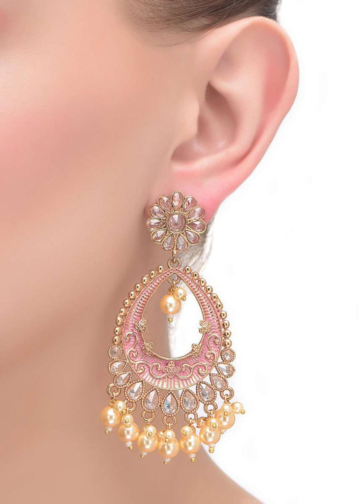 Pink And Gold Danglers With Floral Stud Embellished With Crystals And Pearls Online - Kalki Fashion