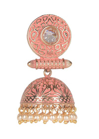 Pink And Gold Jhumkas With Intricate Carving Embellished With Crystal And Pearls Online - Kalki Fashion