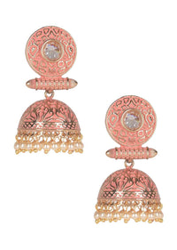 Pink And Gold Jhumkas With Intricate Carving Embellished With Crystal And Pearls Online - Kalki Fashion