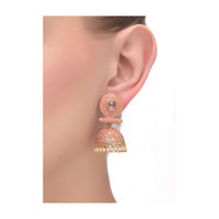 Pink And Gold Jhumkas With Intricate Carving Embellished With Crystal And Pearls Online - Kalki Fashion