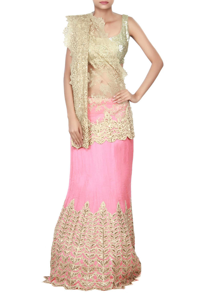 Golden pink  lehenga saree featuring in zari and sequin embroidery only on Kalki