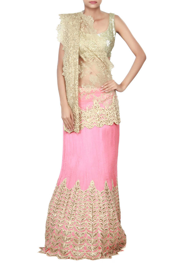 Golden pink  lehenga saree featuring in zari and sequin embroidery only on Kalki