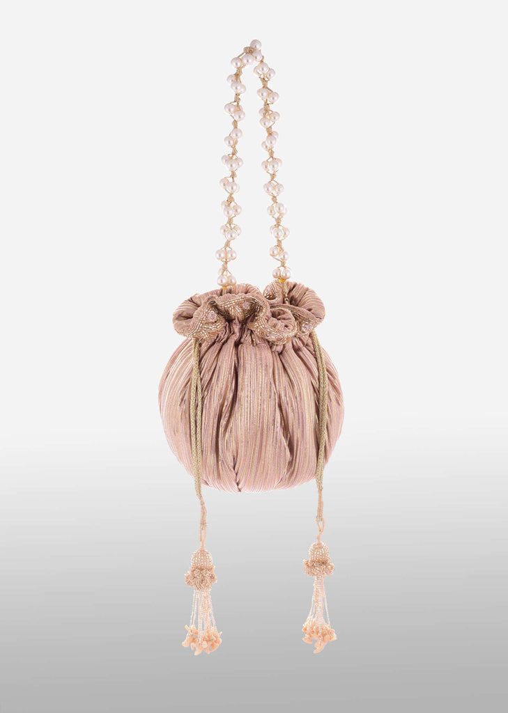 Pink And Gold Potli Bag In Silk With Woven Golden Stripes And Cut Dana Embroidery Online - Kalki Fashion