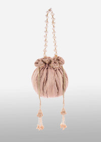 Pink And Gold Potli Bag In Silk With Woven Golden Stripes And Cut Dana Embroidery Online - Kalki Fashion