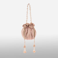 Pink And Gold Potli Bag In Silk With Woven Golden Stripes And Cut Dana Embroidery Online - Kalki Fashion