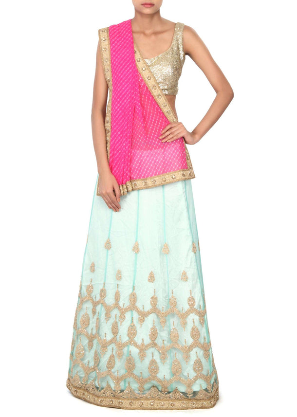 Pink and green lehenga saree enhanced in embroidered butti only on Kalki