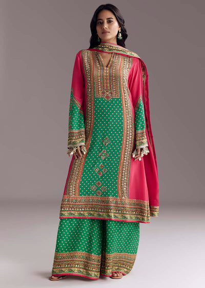 Pink And Green Printed Kurta Palazzo Set