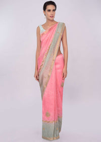 Pink And Green Saree In Shaded Linen With Gotta Embroidery Online - Kalki Fashion