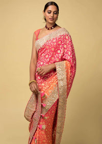 Pink And Orange Shaded Banarasi Saree In Georgette With Weaved Floral Jaal And Embroidered Border Online - Kalki Fashion