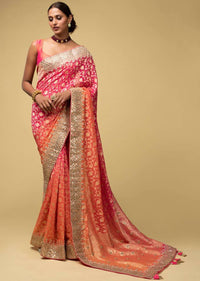 Pink And Orange Shaded Banarasi Saree In Georgette With Weaved Floral Jaal And Embroidered Border Online - Kalki Fashion