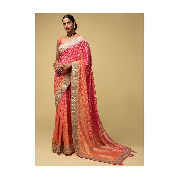 Pink And Orange Shaded Banarasi Saree In Georgette With Weaved Floral Jaal And Embroidered Border Online - Kalki Fashion