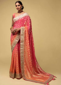 Pink And Orange Shaded Banarasi Saree In Georgette With Weaved Floral Jaal And Embroidered Border Online - Kalki Fashion