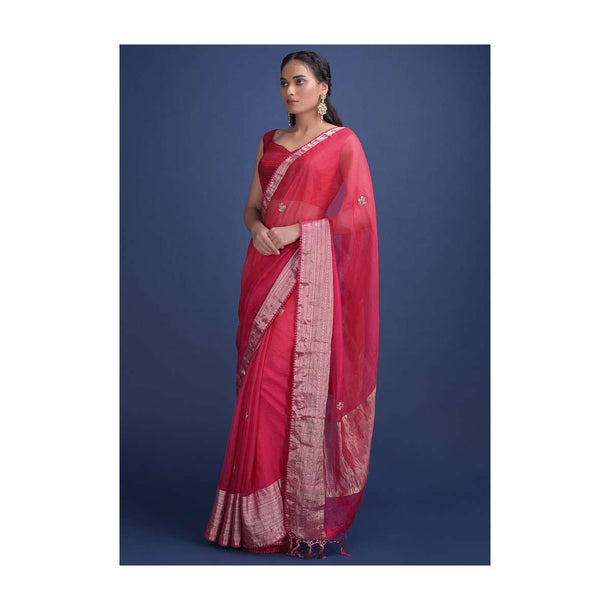 Pink And Orange Shaded Saree In Chanderi Silk With Embroidered Floral Buttis Online - Kalki Fashion