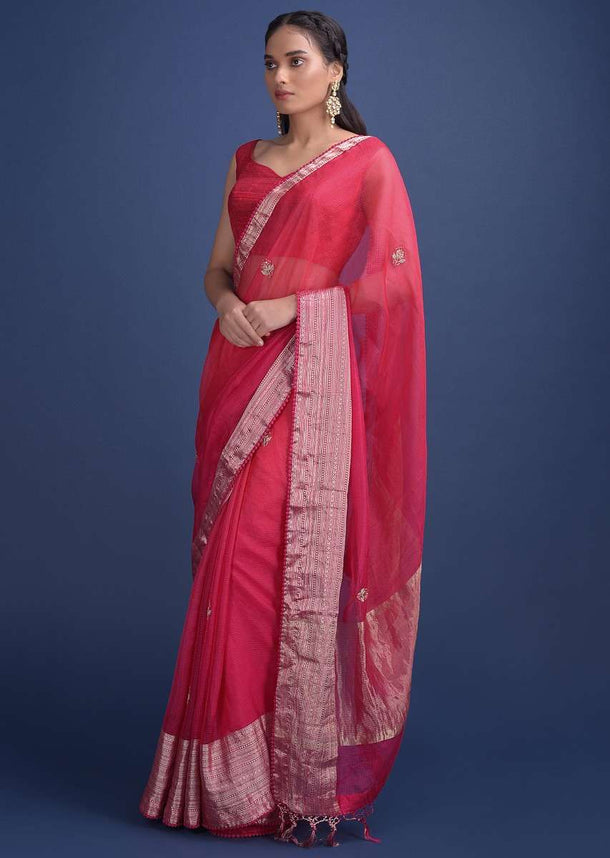 Pink And Orange Shaded Saree In Chanderi Silk With Embroidered Floral Buttis Online - Kalki Fashion