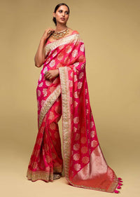 Pink And Orange Two Toned Banarasi Saree In Silk With Weaved Floral Buttis Online - Kalki Fashion