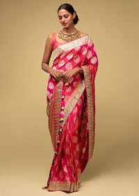 Pink And Orange Two Toned Banarasi Saree In Silk With Weaved Floral Buttis Online - Kalki Fashion