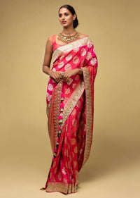 Pink And Orange Two Toned Banarasi Saree In Silk With Weaved Floral Buttis Online - Kalki Fashion