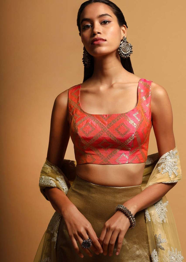 Pink And Orange Two Toned Sleeveless Blouse In Brocade Silk With Woven Mesh Design Online - Kalki Fashion