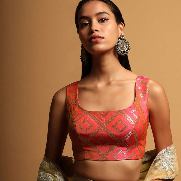 Pink And Orange Two Toned Sleeveless Blouse In Brocade Silk With Woven Mesh Design Online - Kalki Fashion