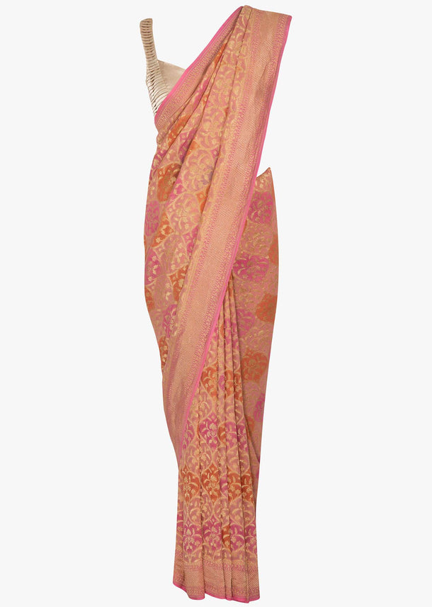 Pink and peach georgette weaved saree with brocade pallo