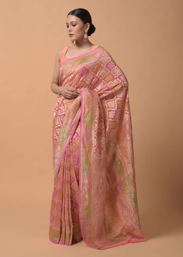 Pink And Peach Shaded Georgette Saree With  With Weaved Jaal Design Online - Kalki Fashion