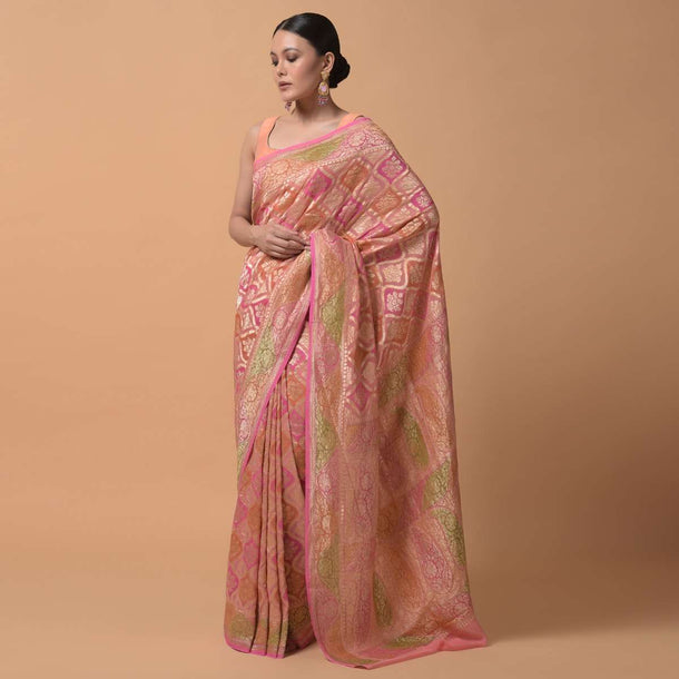 Pink And Peach Shaded Georgette Saree With  With Weaved Jaal Design Online - Kalki Fashion