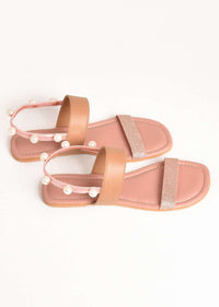 Pink And Rose Gold Ankle Strap Flats With Glitter And Pearls By Sole House